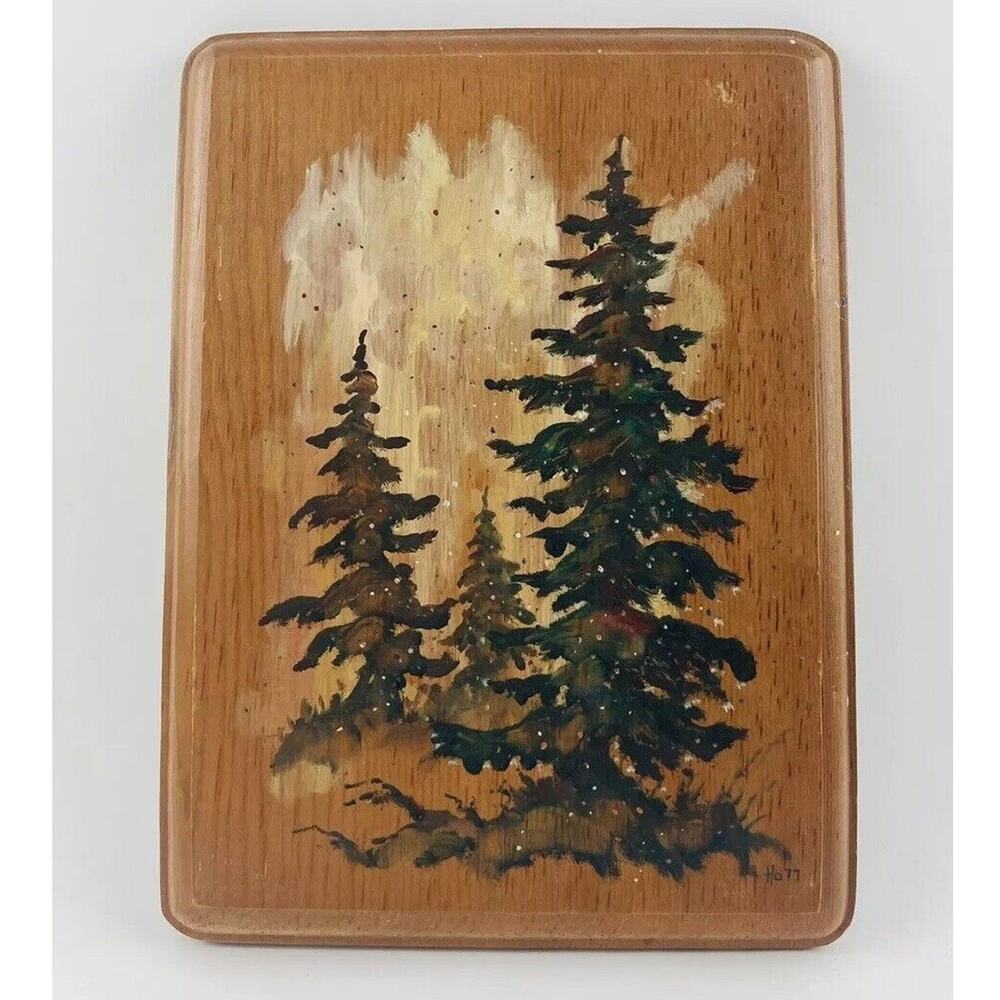 HAND PAINTED Vintage WOOD PLAQUE 1977 German Christmas Spruce Tree New Year Pine